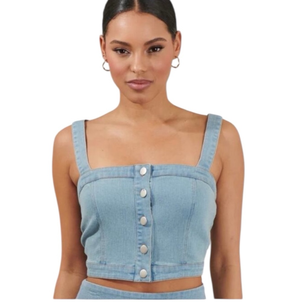 Sugarlips Rosyln Light Wash Denim Button Up Cropped Sleeveless Top XL Reg. $69
